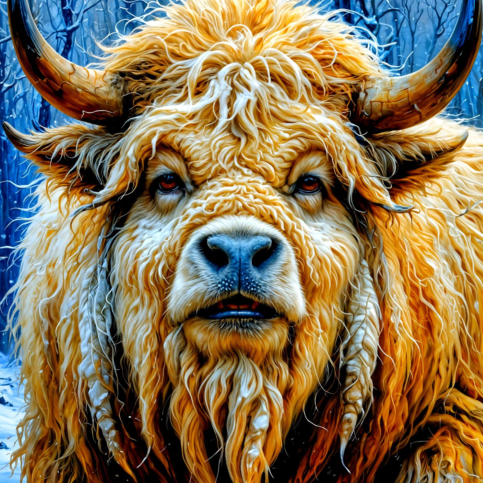 Colossal White Yak in Snowy Landscape, Neo-Impressionism