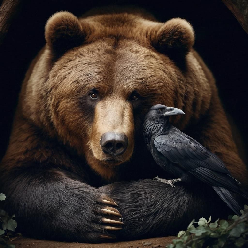 Sympathetic Kodiak Bear Snuggling with Crow