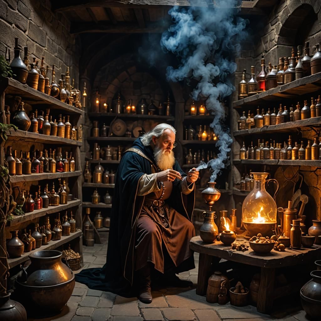 Medieval Alchemist Brewing a Smoking Potion
