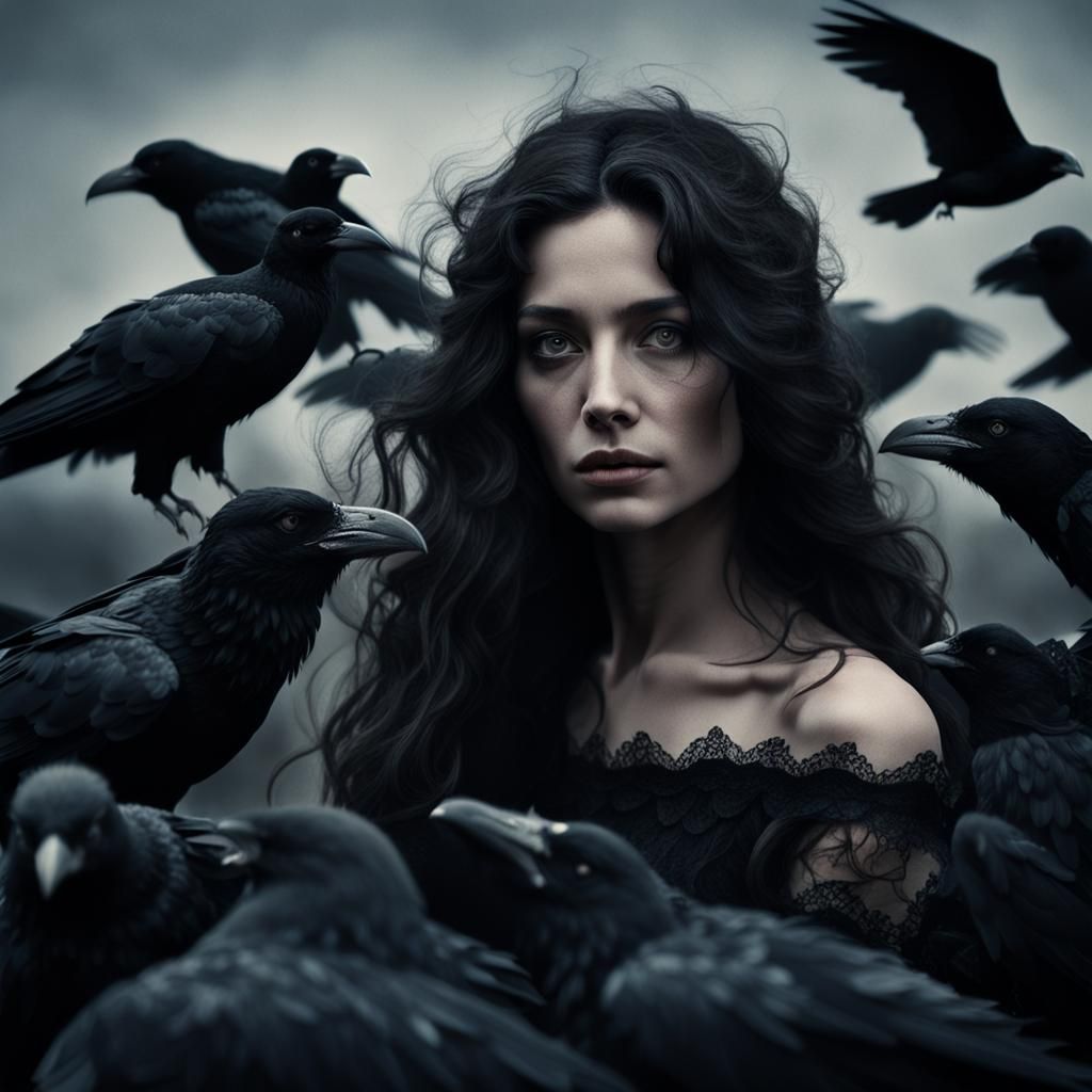 Noir Portrait of Woman with Ravens