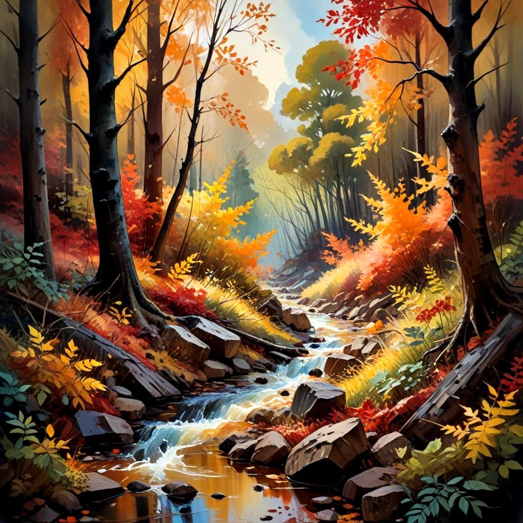Vibrant Autumn Leaves Masterpiece in Gouache Style