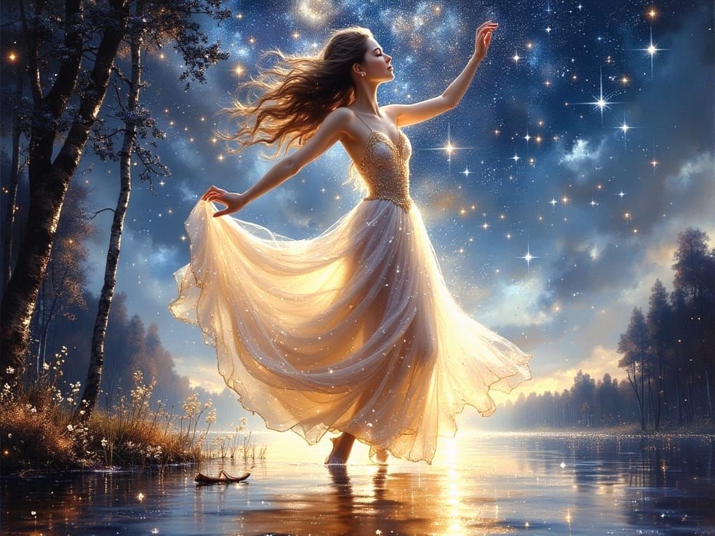 Woman in Chiffon Gown Dances in Sky Pothole Oil Painting