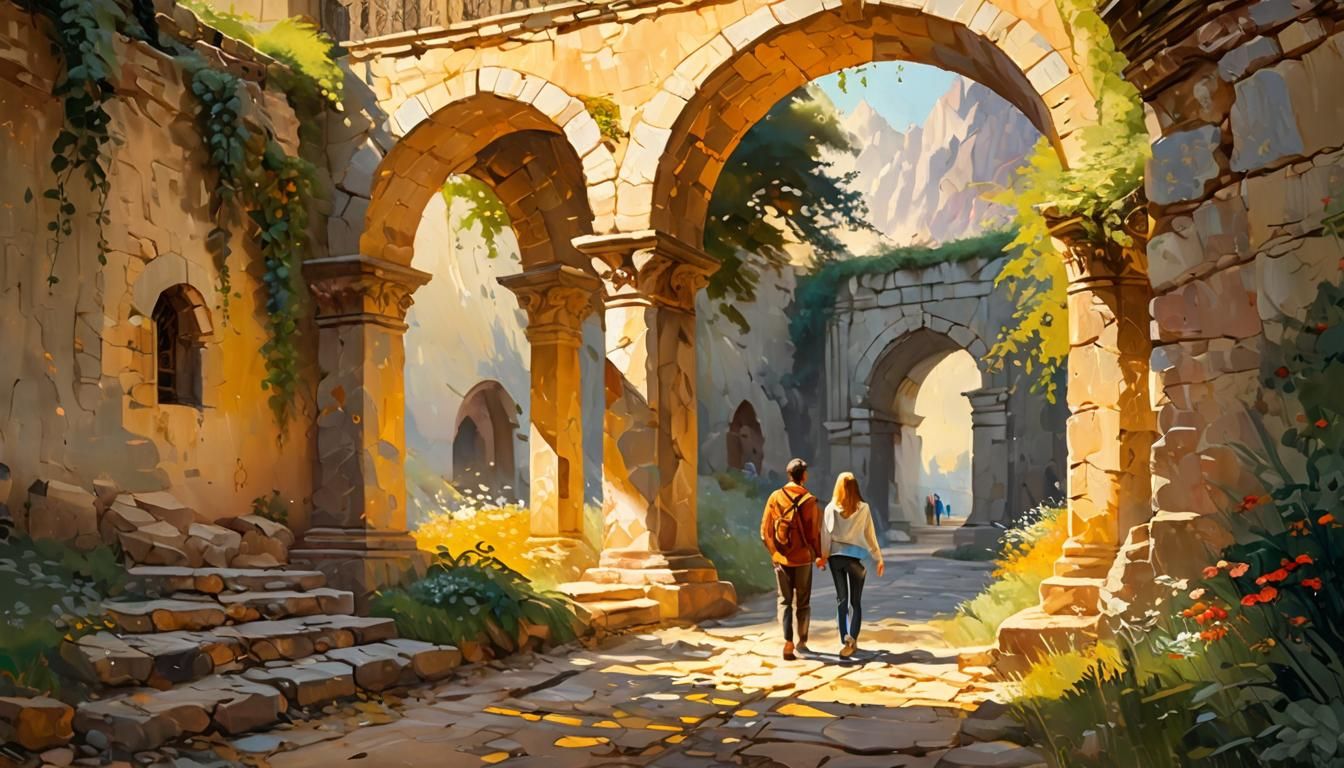 Paradise Sunset Through Stone Arch in Impressionist Oil