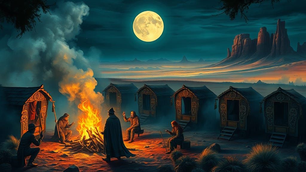 Mystical Gypsies Campfire Scene in Surreal Style