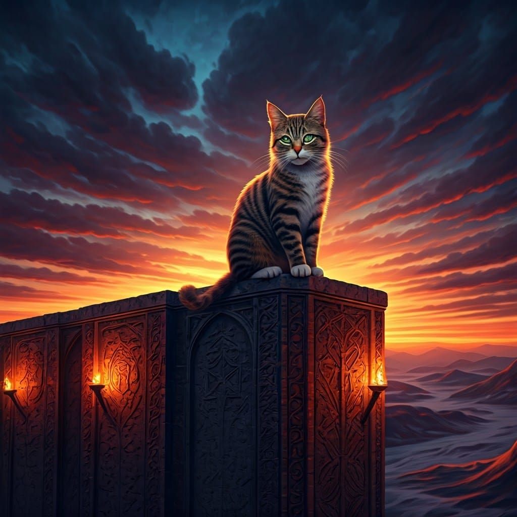 Regal Cat on Castle Wall at Dusk