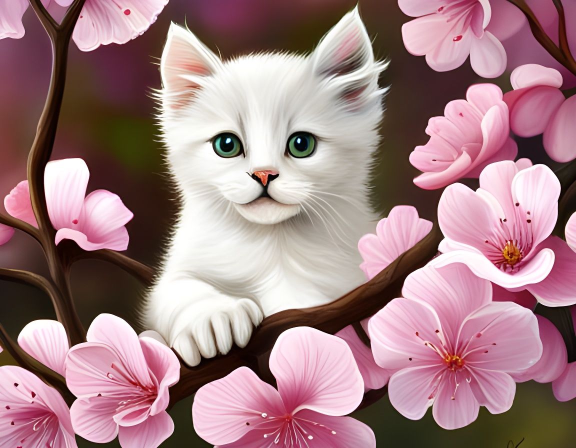 Cute White Kitten in Cherry Blossom Tree
