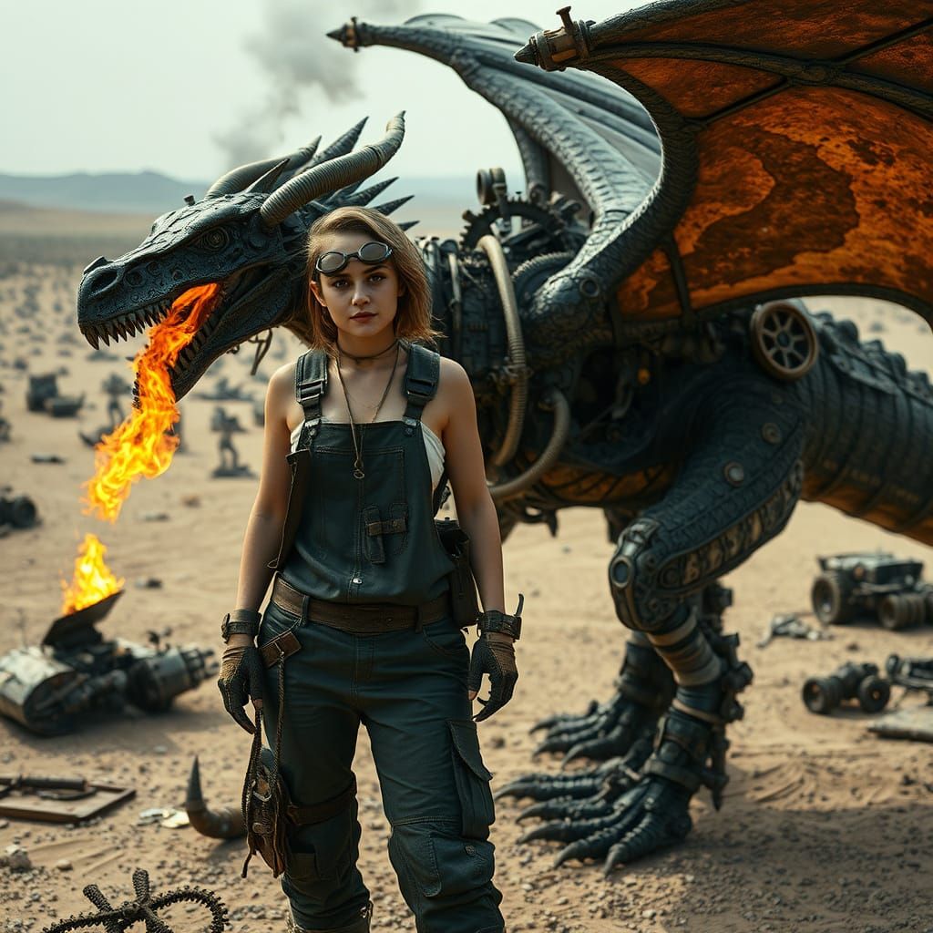 Dieselpunk Mechanic and Her Mechanical Dragon in Desert