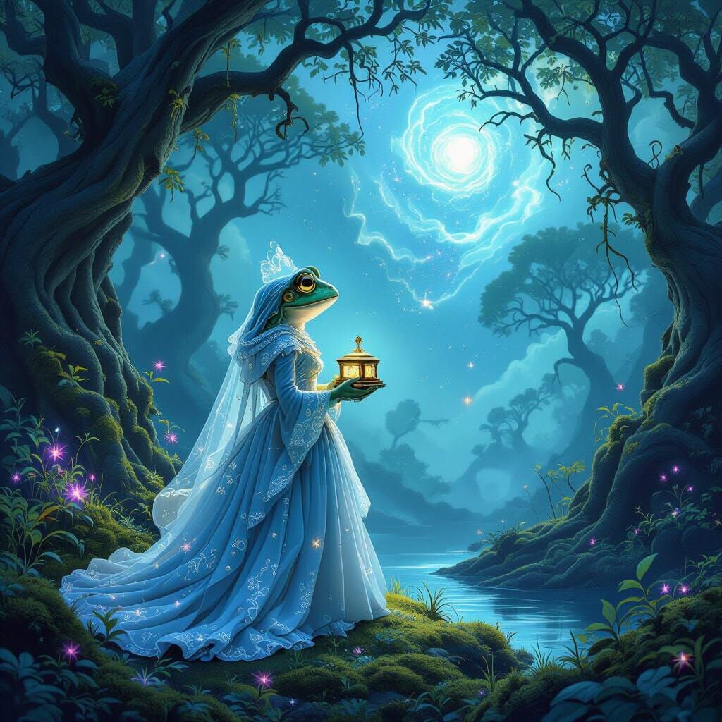 Ethereal Frog in Enchanted Forest with Music Box