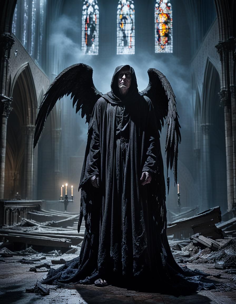 Fallen Angel in Gothic Cathedral with Stained Glass