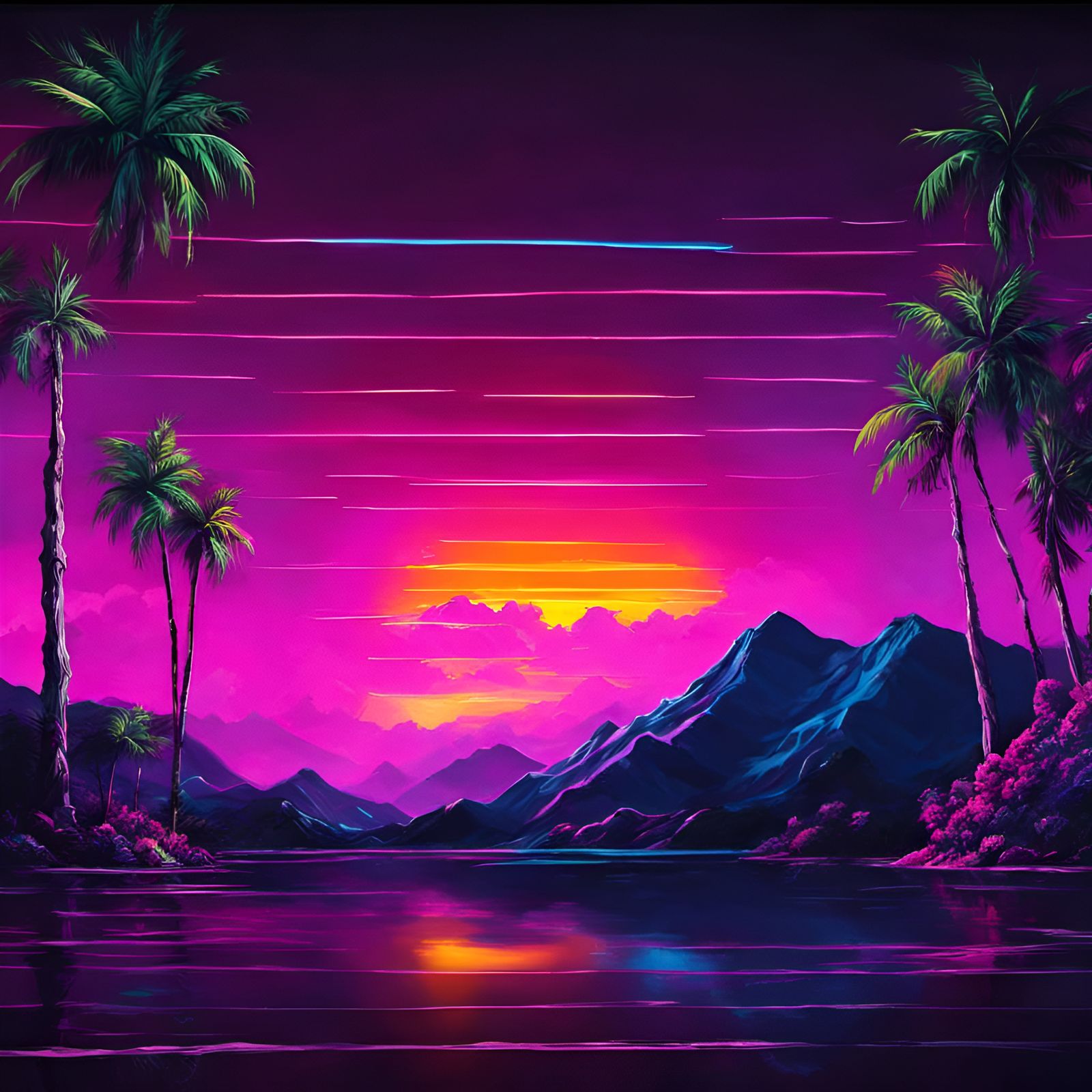 Synthwave Bob Ross Painting in Neon Retro Style