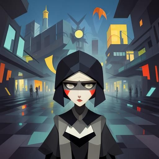 Scared Girl Lost in City: Abstract Cubism Style