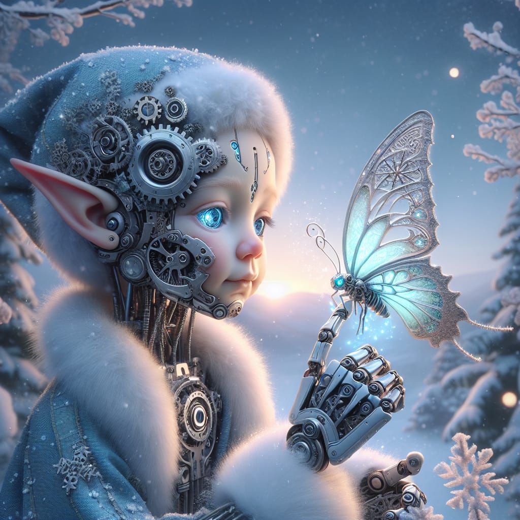 Enchanted Winter Elf Cyborg Touches Glowing Butterfly