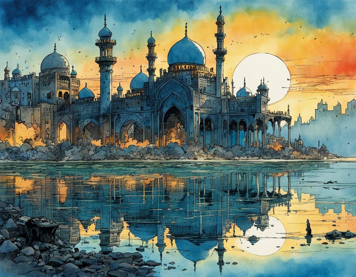 Surreal Arabian Ruins Reflected in Serene Sunset Watercolor