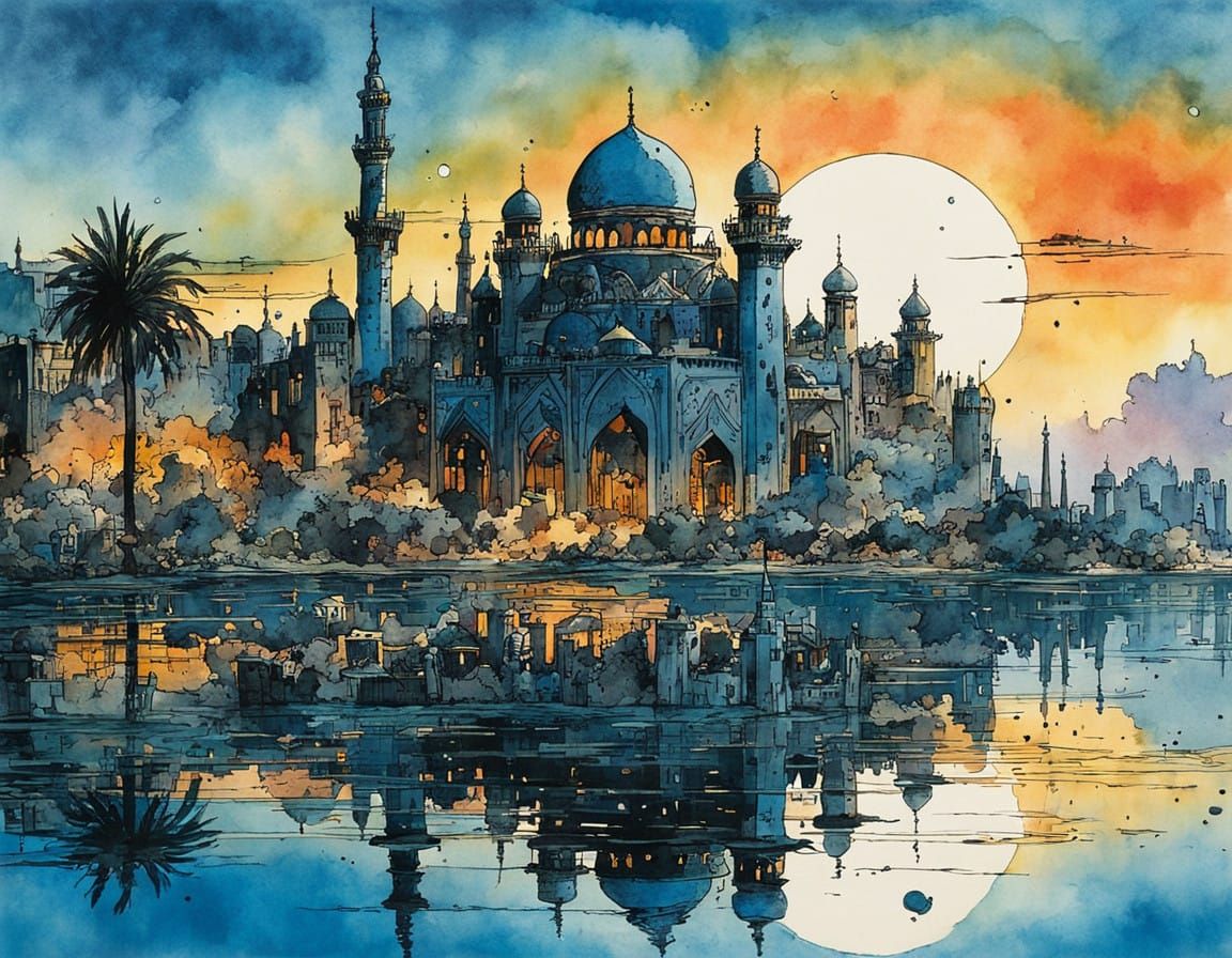 Mysterious Arabian City Reflection at Sunset