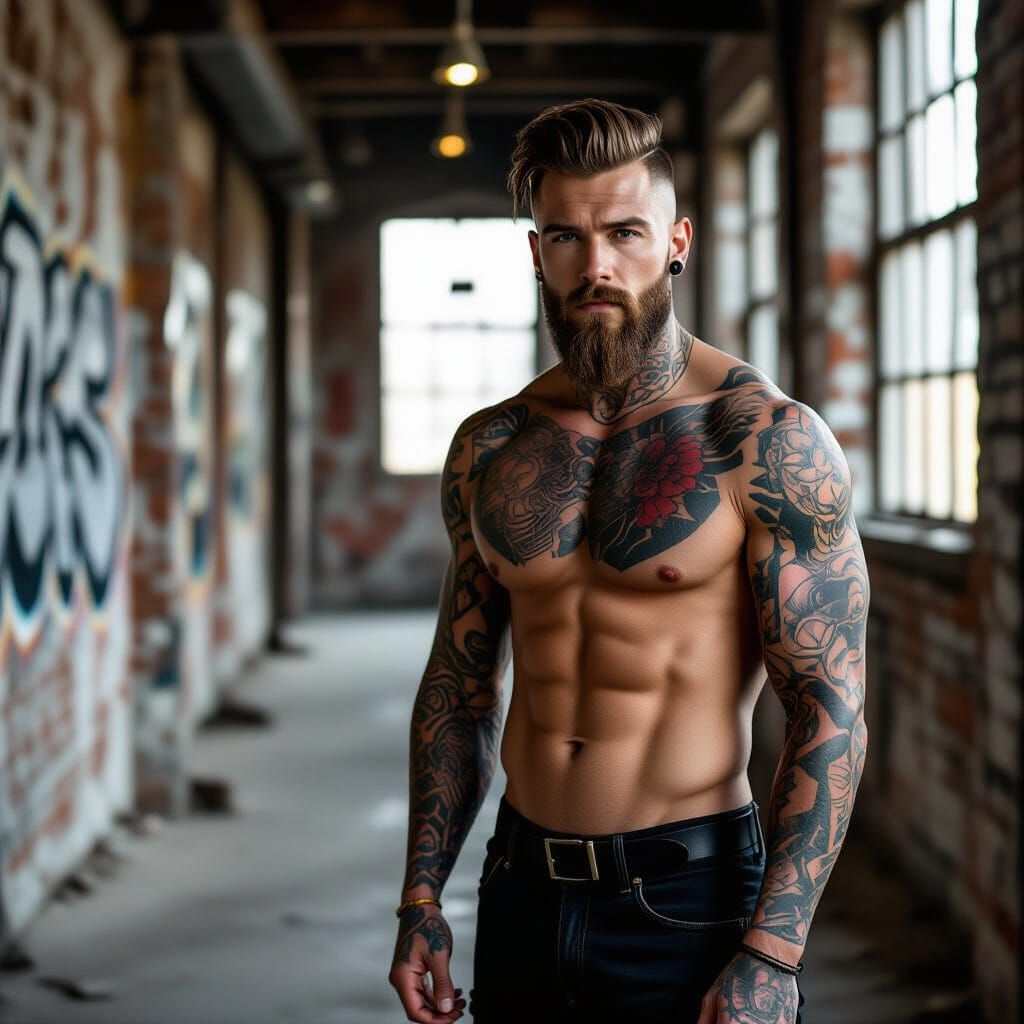 Photorealistic Man with Tattoos in Gritty Industrial Apartme...