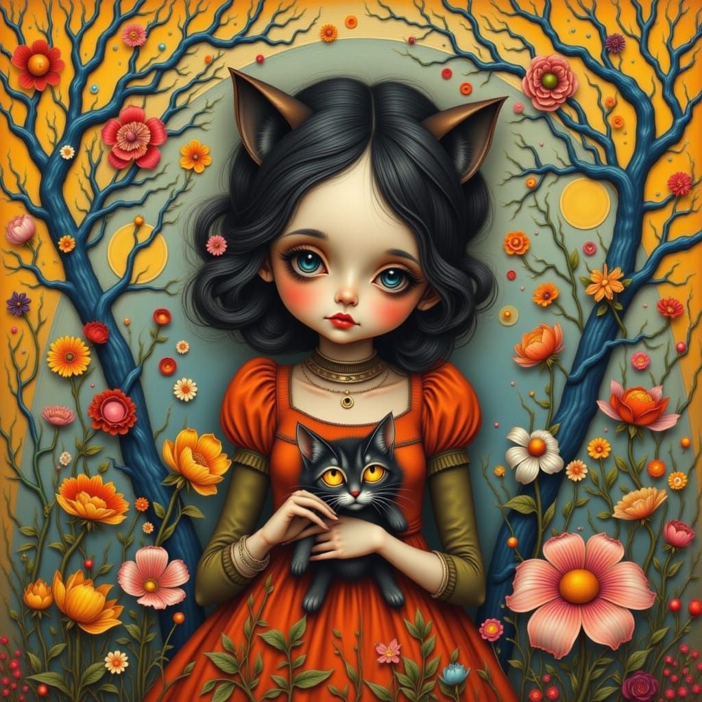 Whimsical Girl with Cat in Fantasy Style