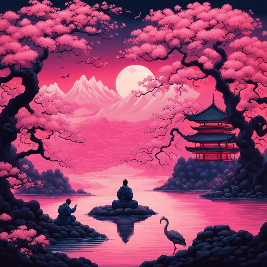 Meditating Monk Levitating in Hokusai Style