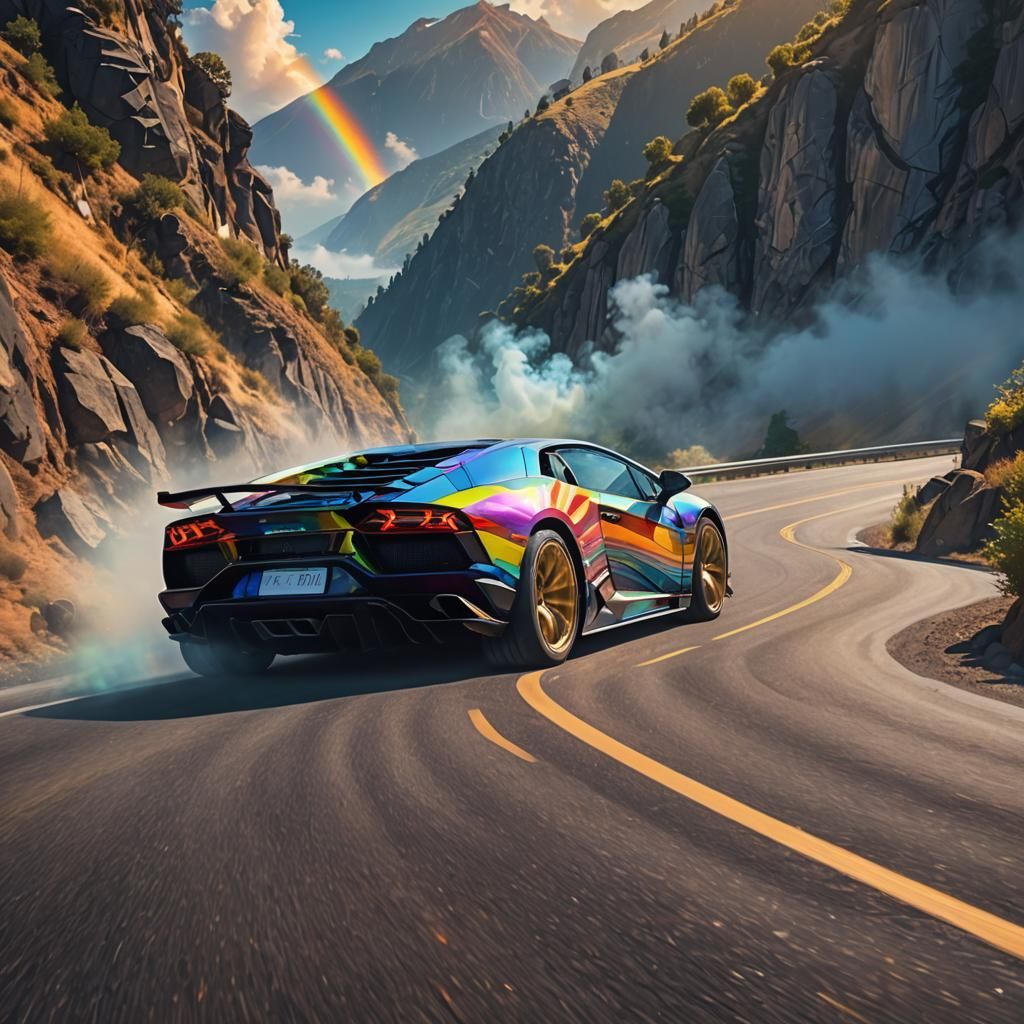 Rainbow Lamborghini on a Neon Mountain Road