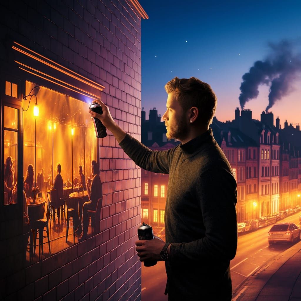 Street Artist Captures Cozy Night Cafe in Urban Oasis