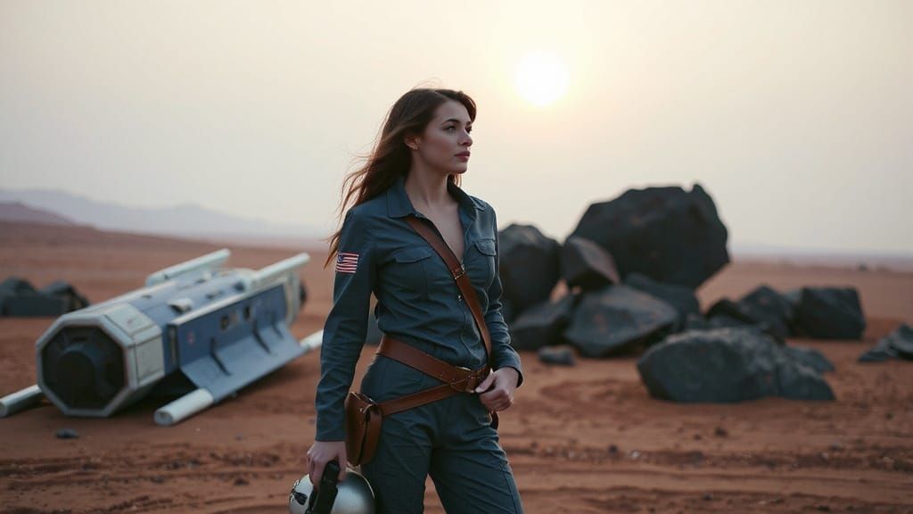 Brunette Pilot Beside Crashed Spaceship