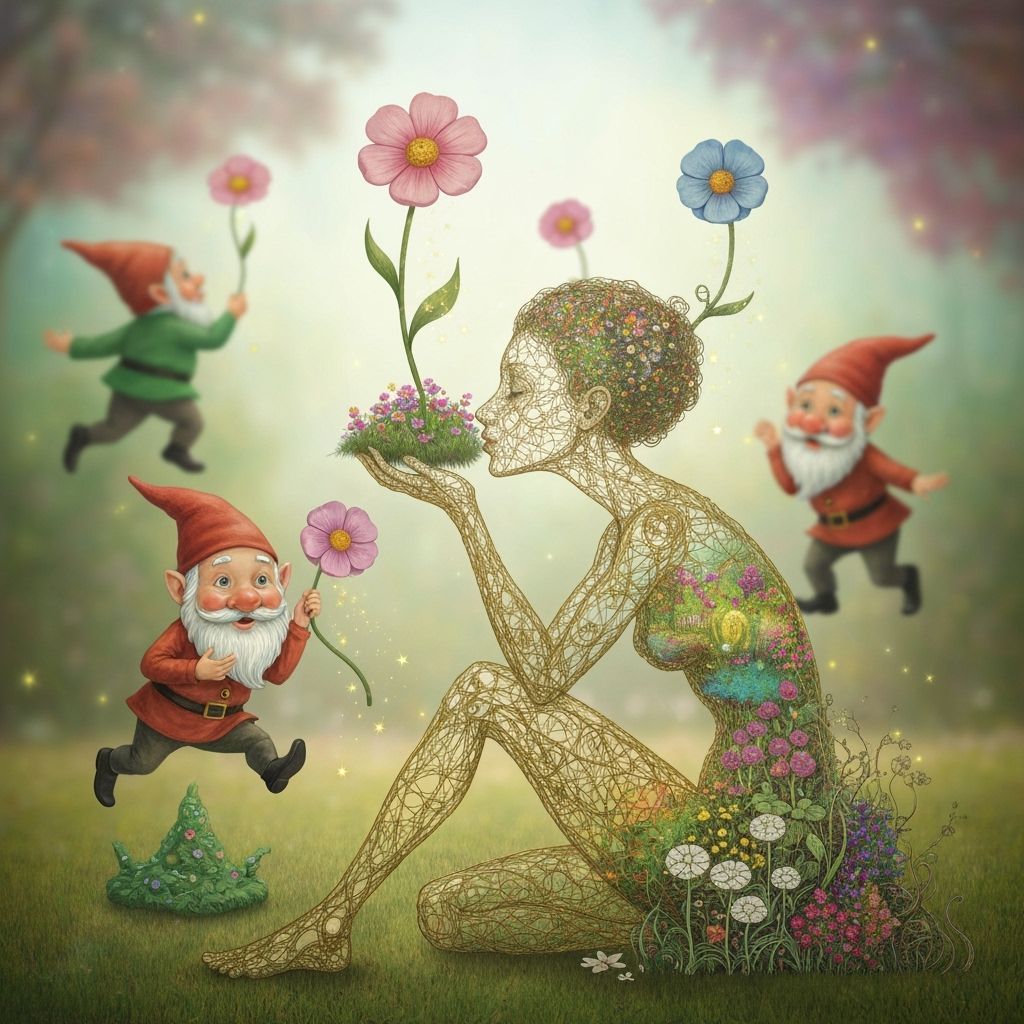 Whimsical Gnomes Dance with Stardust Flowers in Dreamlike Ar...