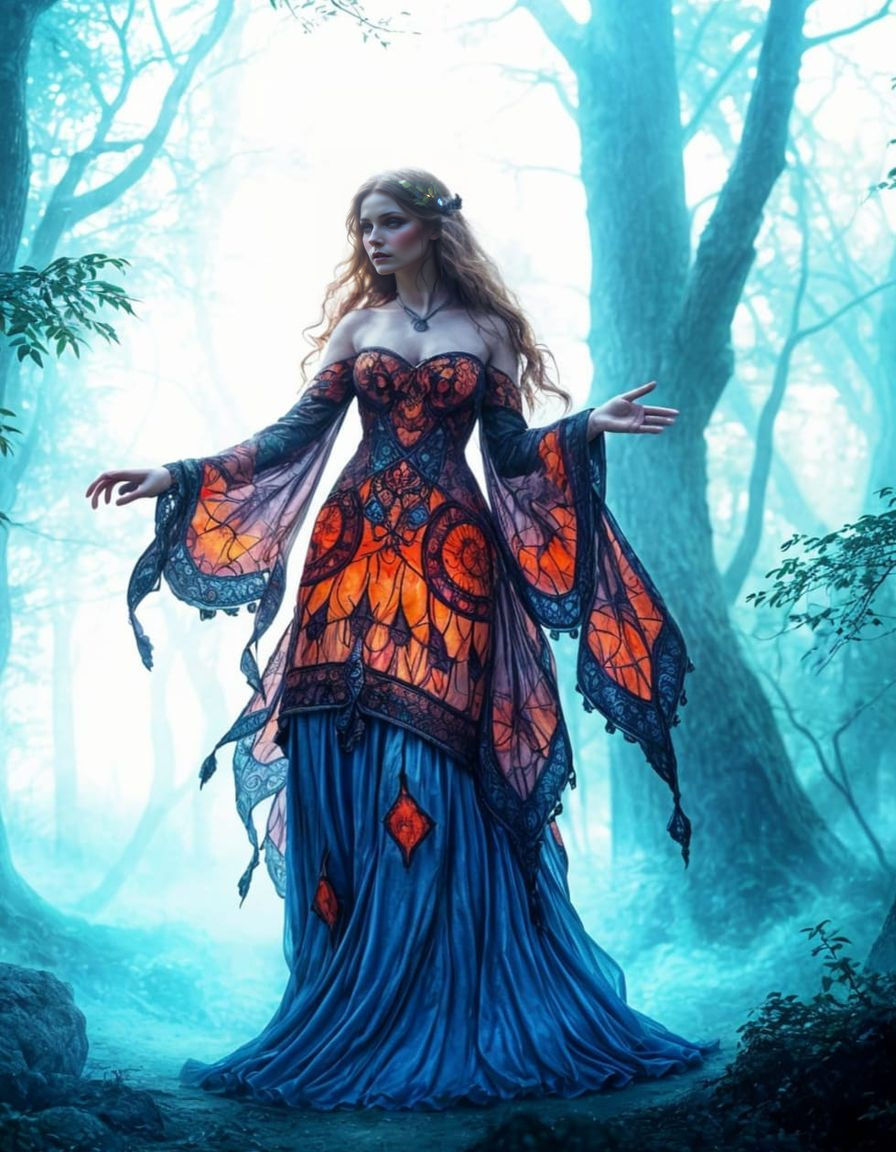 Beautiful Woman in Enchanted Forest, Stained Glass Dress