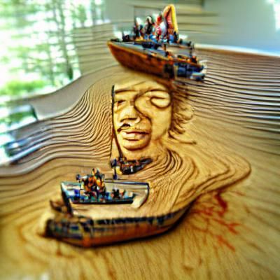Jimi Hendrix Boat Sculpture in Woodcut Style