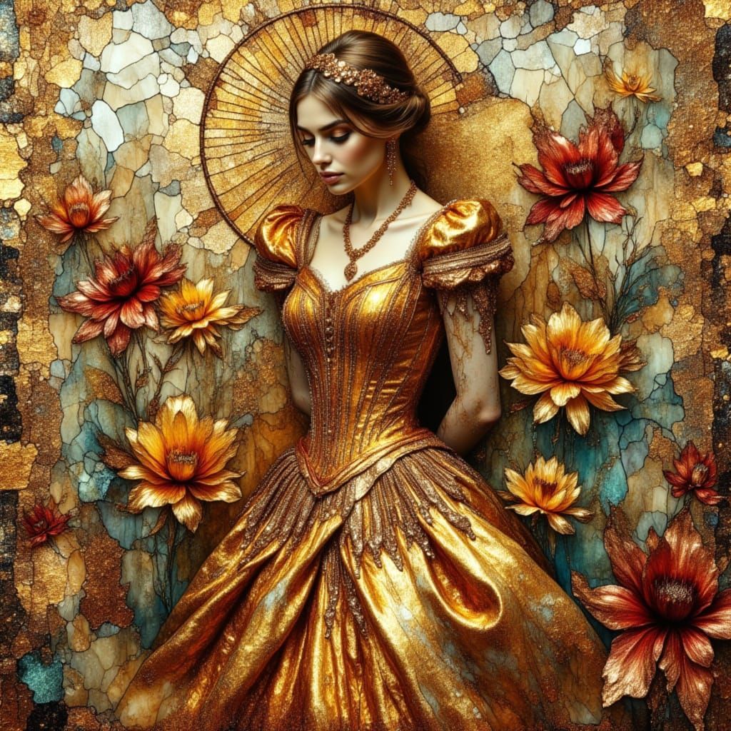 Beautiful Woman in Golden 19th Century Gown with Camelias