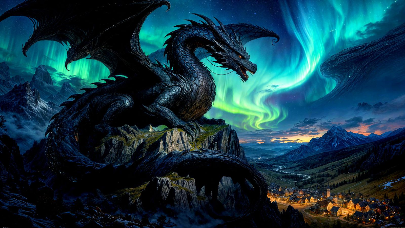 A colossal, ancient dragon sleeps coiled around the peaks of...