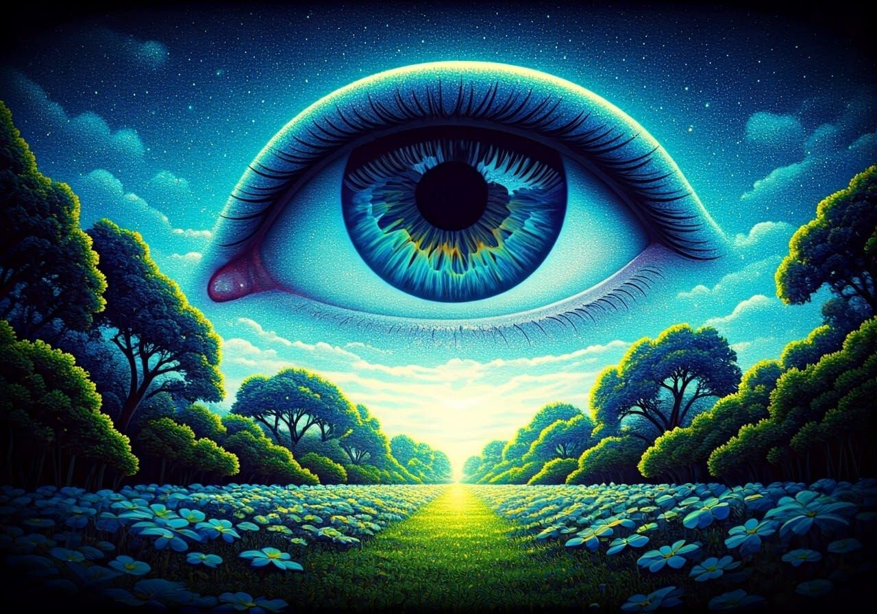 Surreal Eye Amidst Swirling Pointillist Clouds