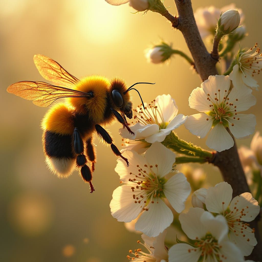 Bumble Bees Pollinate Apple Tree Blossoms in Warm Morning Li...
