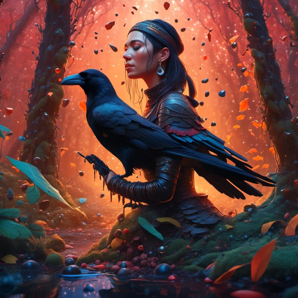 Scandinavian Forest Woman with Crow: Hyperrealistic Splash A...