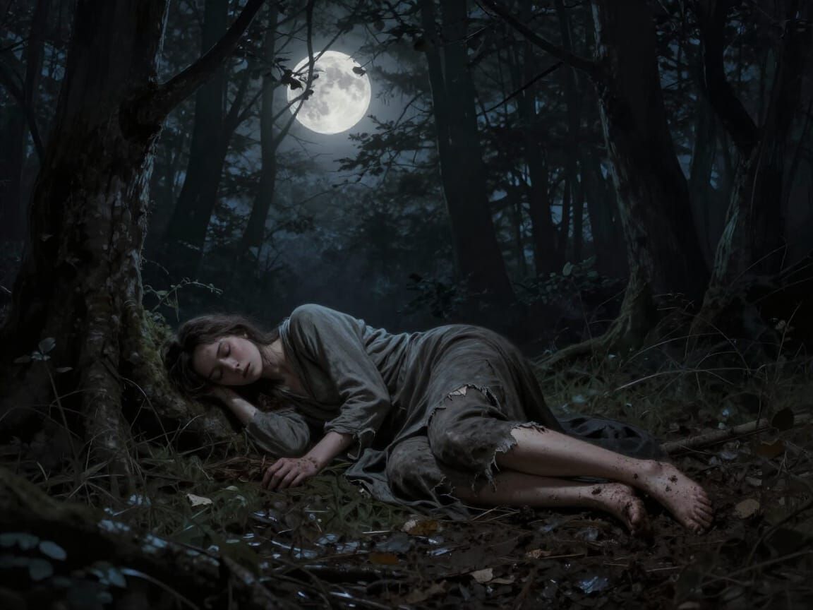 Woman Sleeps in Moonlit Woods in Dark Fantasy Style