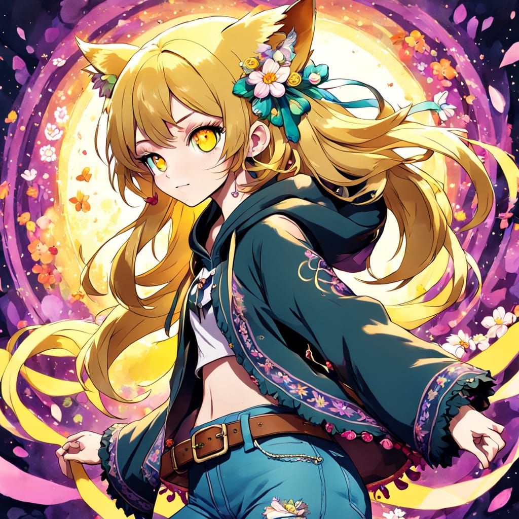 Playful Catgirl in Vibrant Bohemian attire