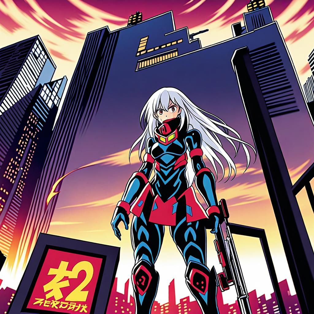 Cyborg Sniper on Rooftop in Anime Style