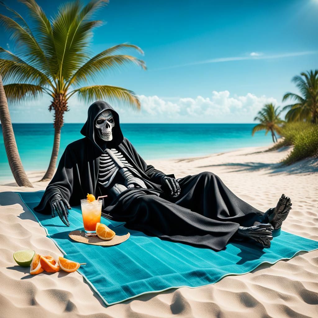 Grim Reaper's Tropical Vacation: Hyper-Realistic Beach Portr...