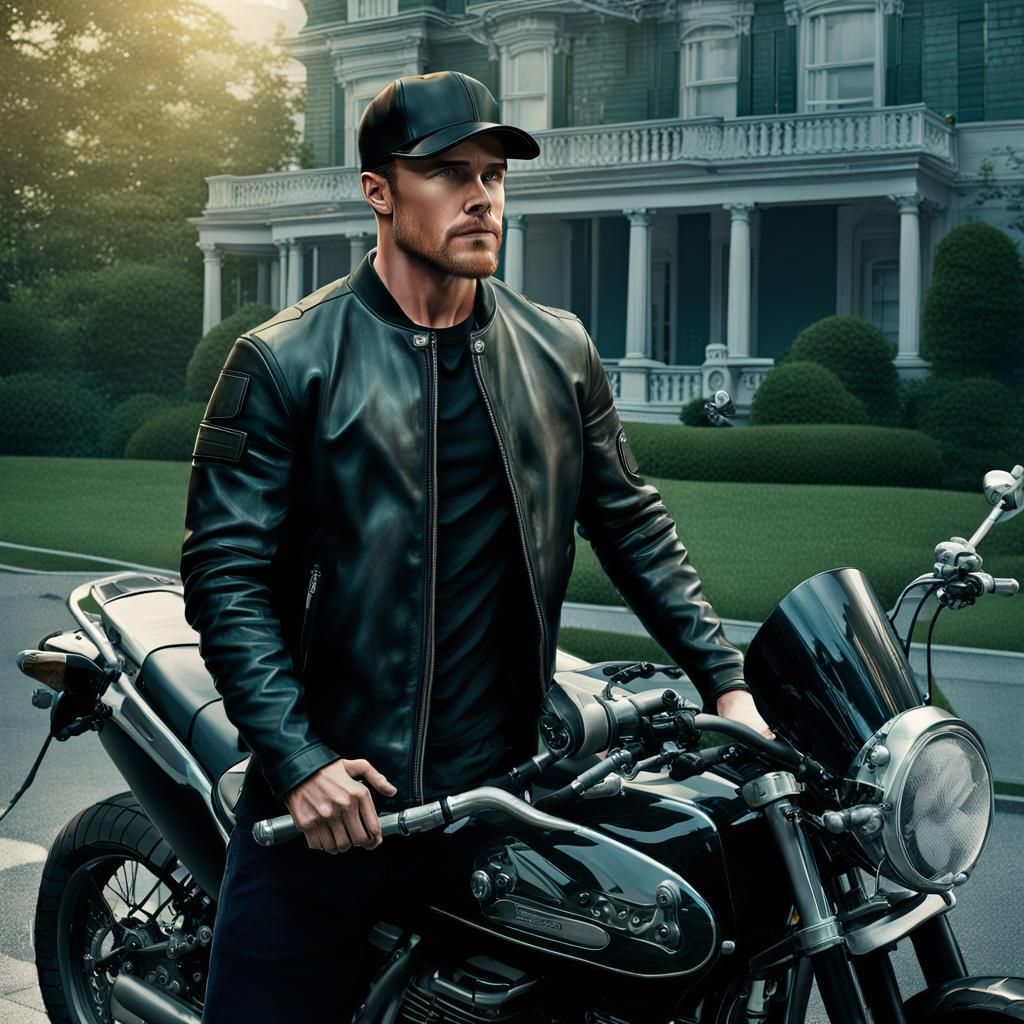 Man in Leather Jacket by Motorbike, Digital Art