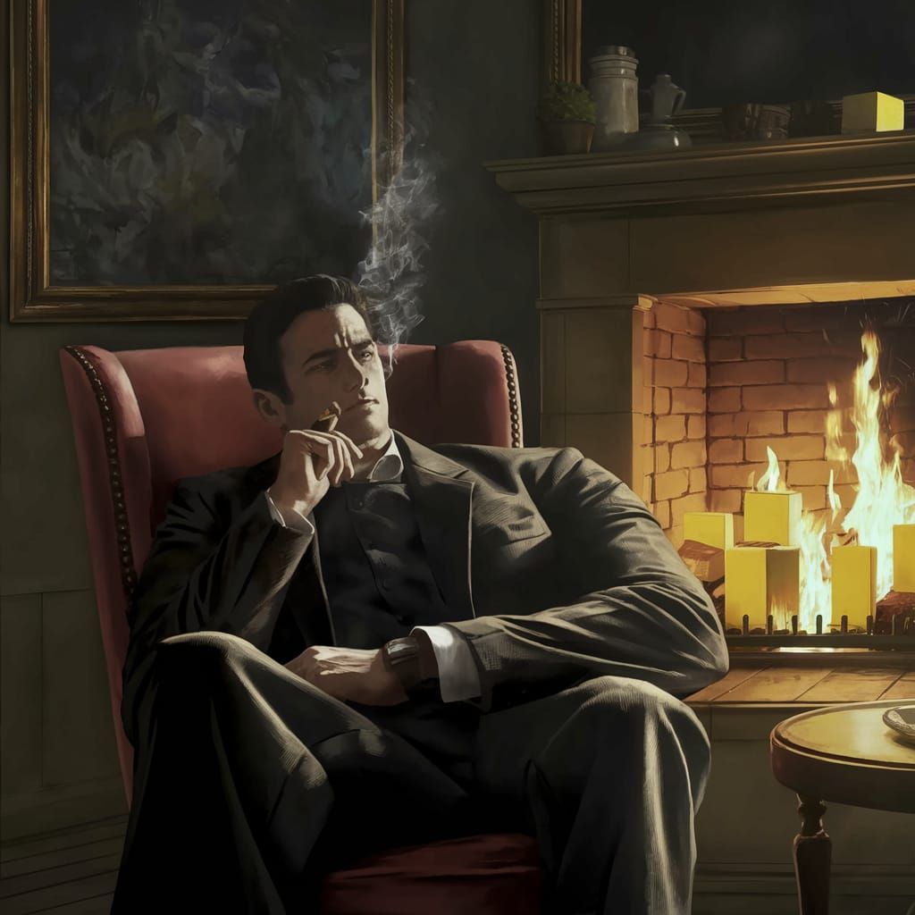 Man Relaxing by Cozy Fireplace with Burning Boxes