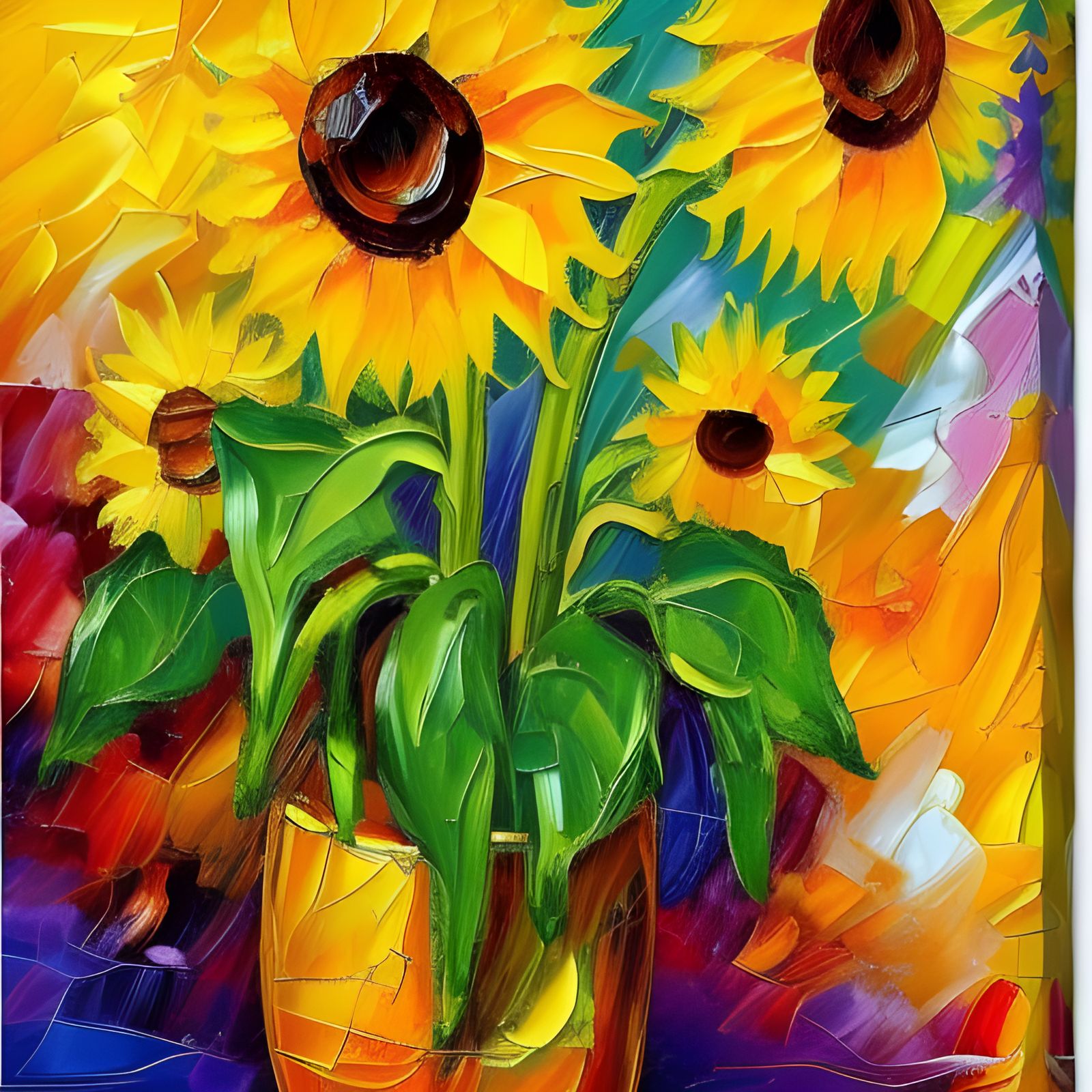 Sunflower Art in Neo-Impressionist Impasto Style