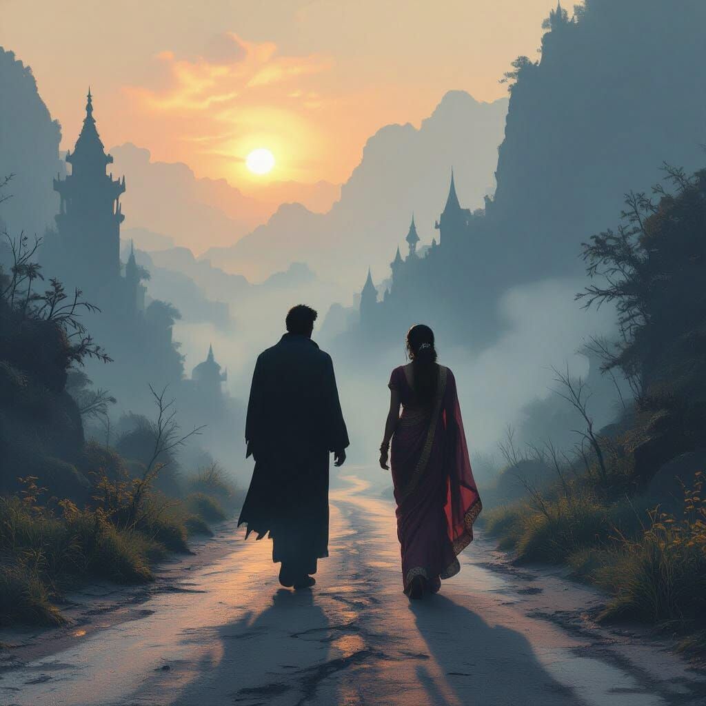 Shadow Couple Walking Away on Misty Road