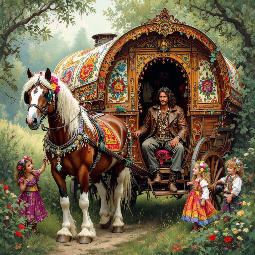 Vibrant Gypsy Caravan in a Dreamlike Style