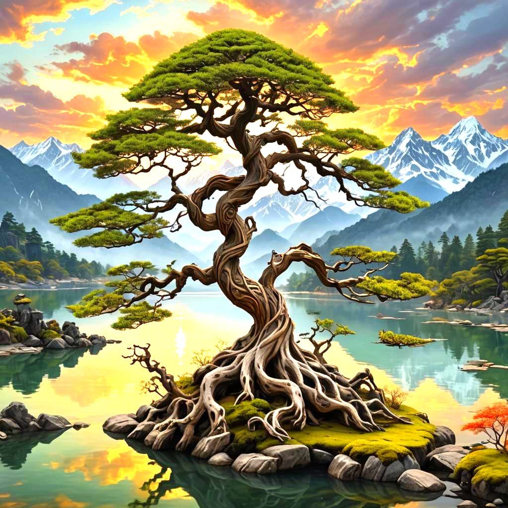 Ancient Bonsai Tree with Hindu Temples, Digital Art