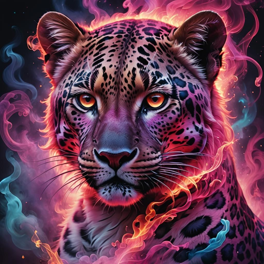 Ruby Smoke Leopard Vapor Portrait in Airbrush Style