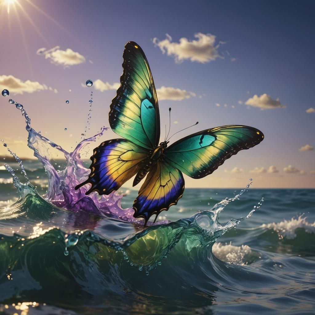 Green and Gold Butterfly Emerges from Ocean