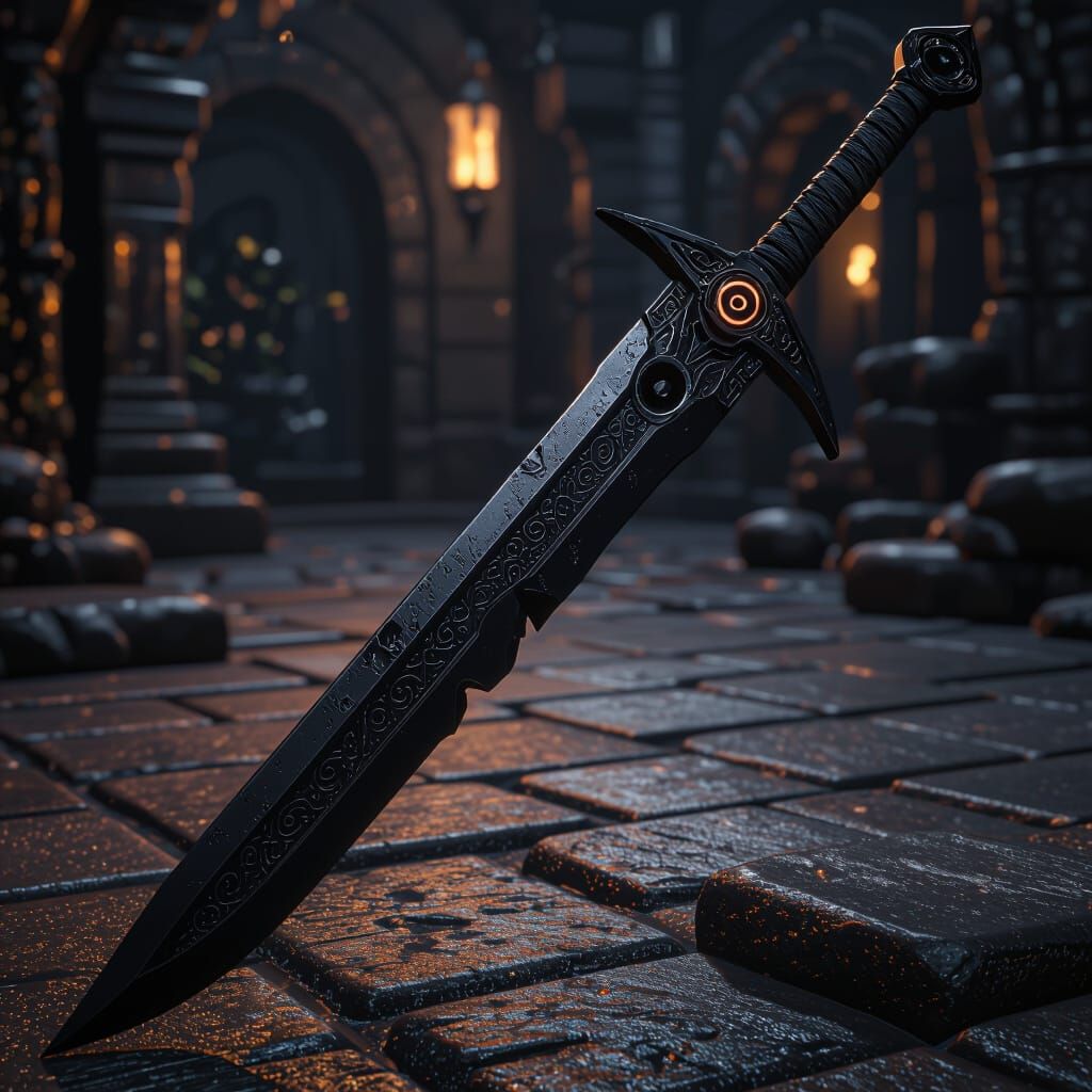 Ebony Black Sword with Jagged Blade, Fantasy Concept Art