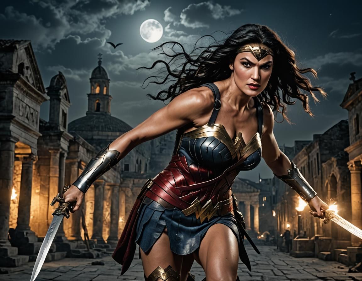 Wonder Woman Pirate in Ancient City at Night