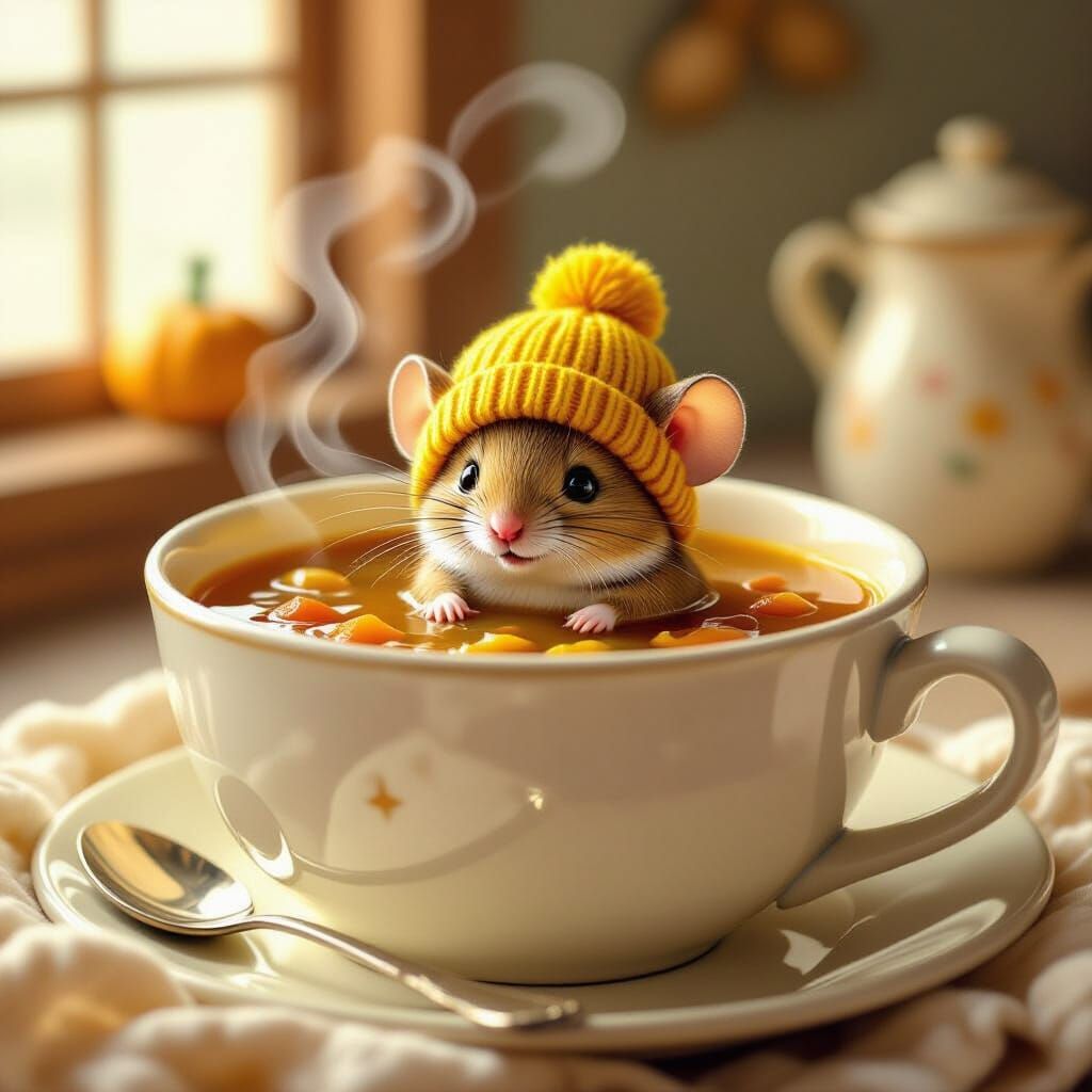 Cute Mouse in Yellow Beanie Sits in Hearty Mincemeat Soup