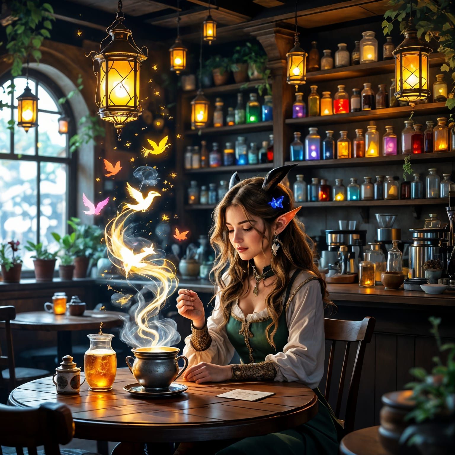 Magical Cafe with Floating Lanterns and Enchanted Coffee