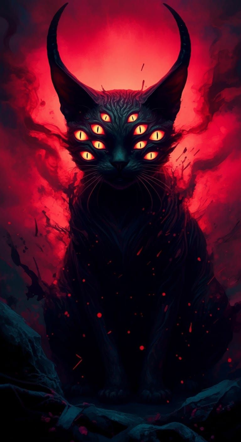 Demonic Multi-Eyed Cat in Eerie Surreal Landscape