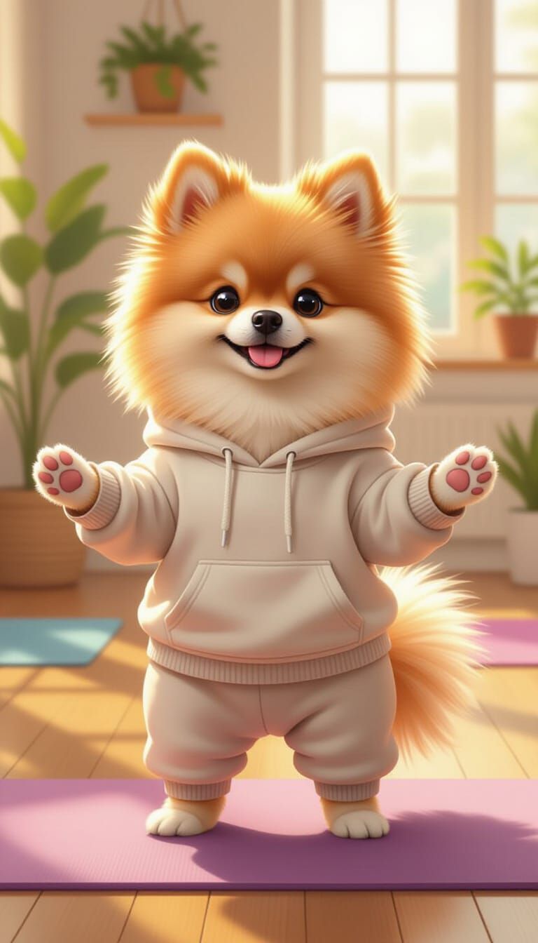 Pomeranian Spitz Dog Doing Yoga, Hyper-Realistic Style